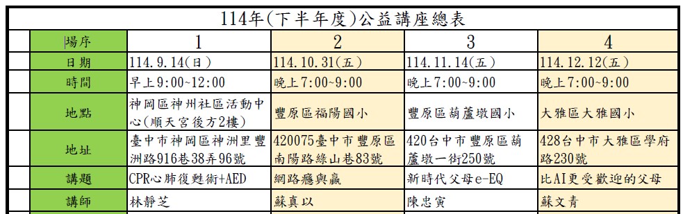 114年(下半年度)公益講座總表-預告